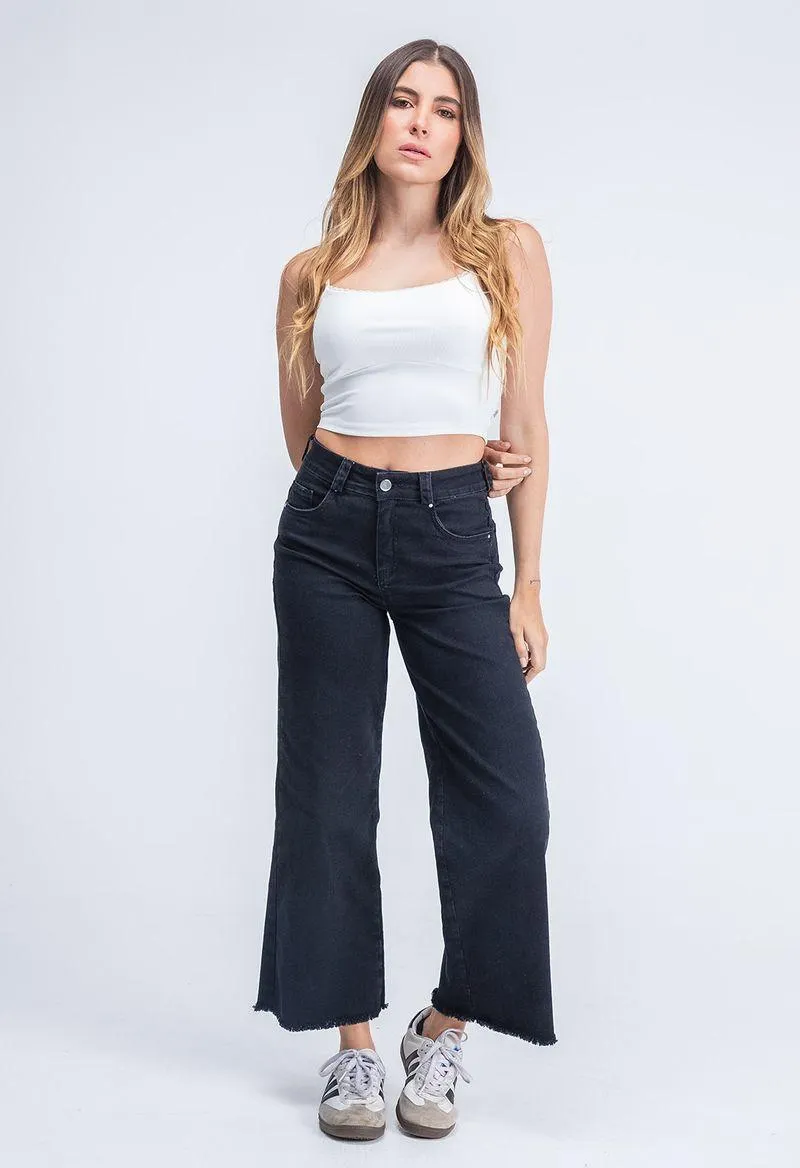 Jean vaquero tiro alto bota recta desflecada para mujer