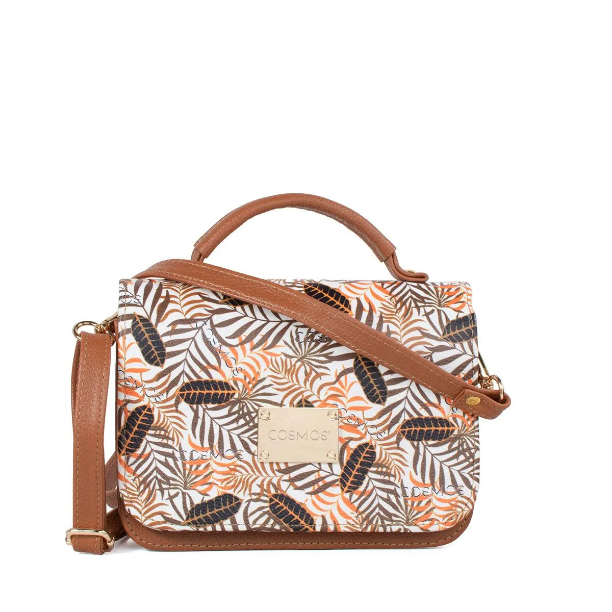 Bolso bandolera de cuero color tabaco con estampado frontal