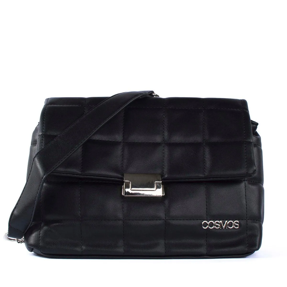 Bolso tipo bandolera color negro con diseño en cuadros acolchado