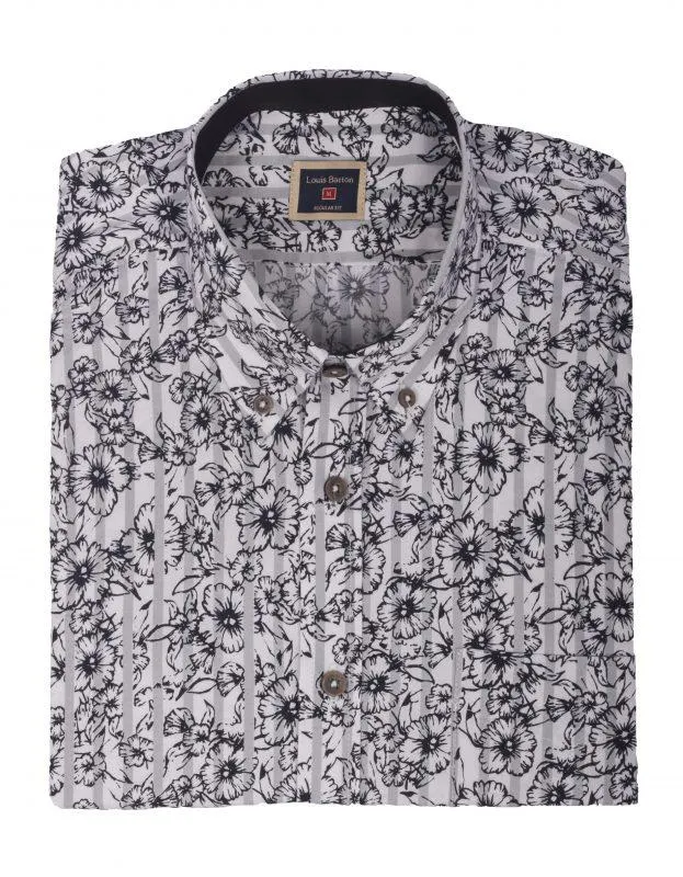 Camisa Manga Corta Blanca Rayas Grises Flores Azules – Moldería informal