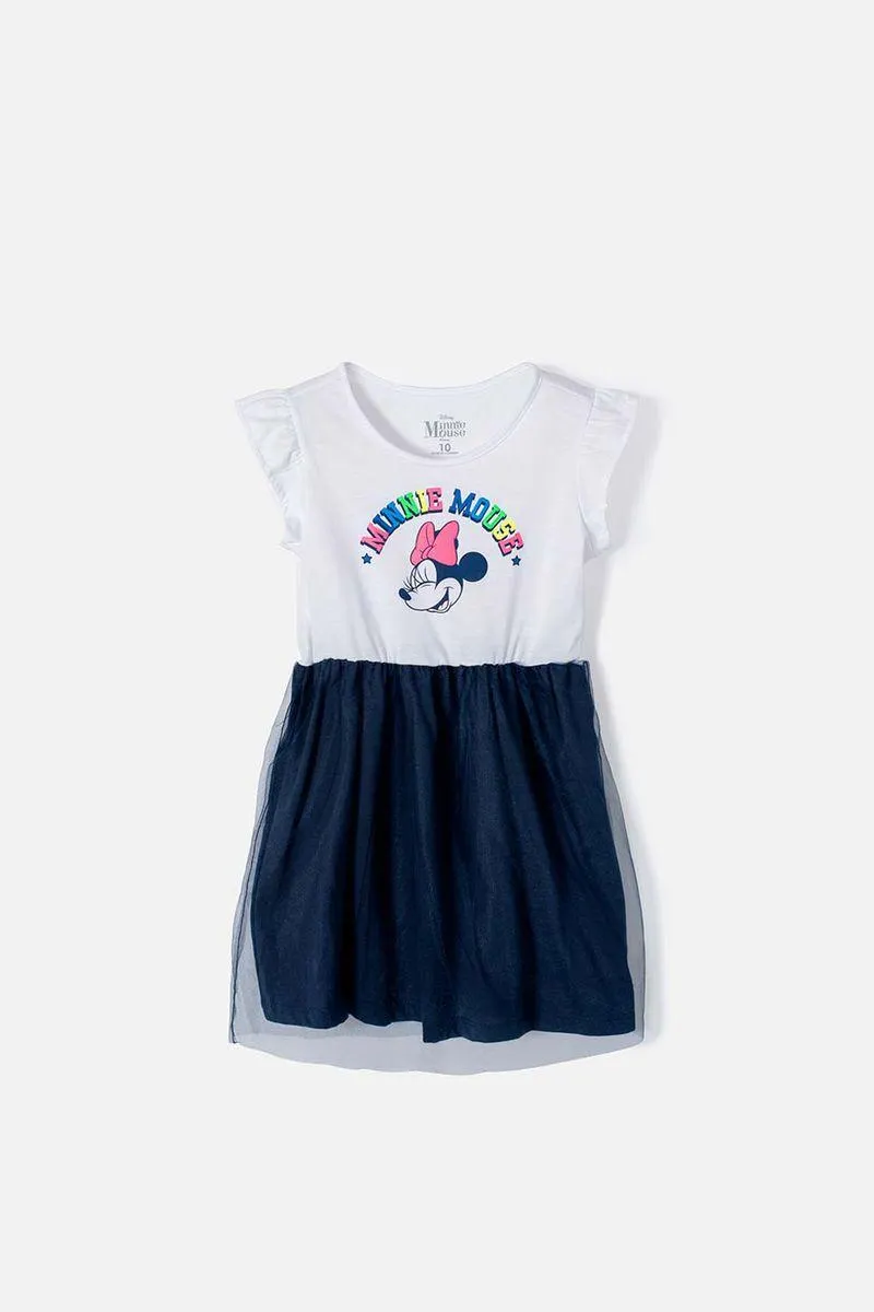Vestido de Minnie Mouse blanco/azul manga corta para niña