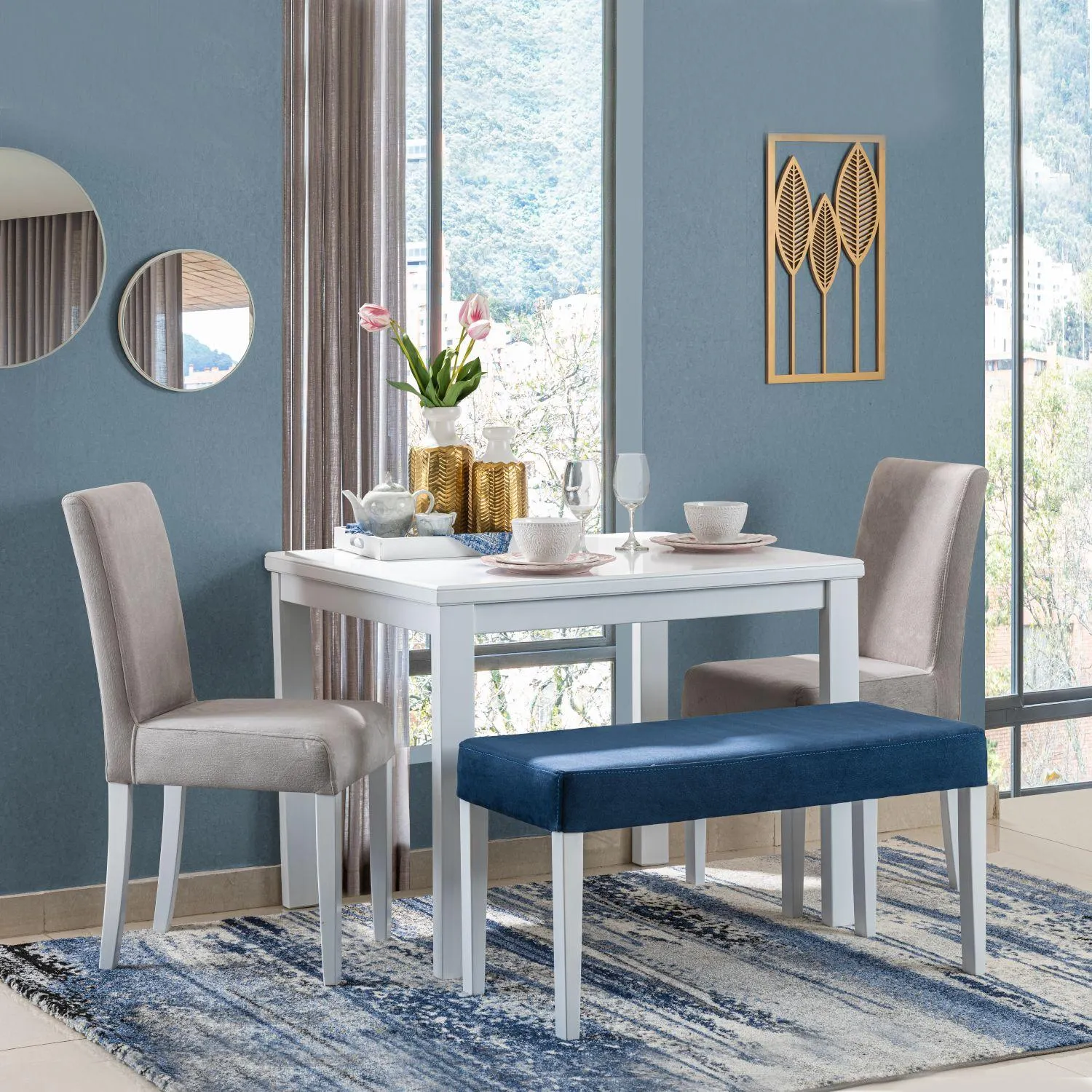 Comedor Bruce 4 puestos Microfibra Gris, Blanco