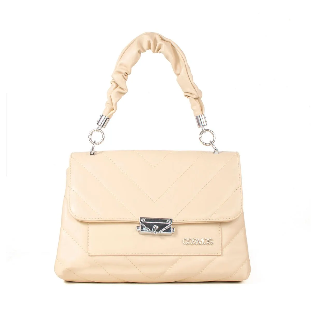 Bolso tipo bandolera color beige con detalle de broche, para dama