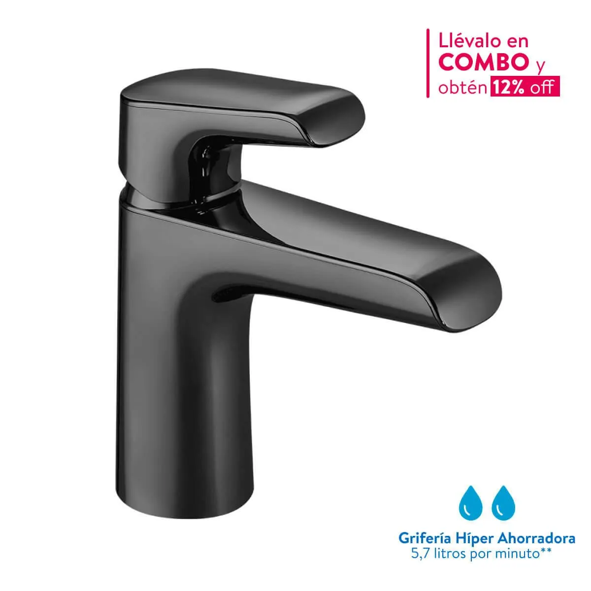 Grifería Ultra Ahorradora para Lavamanos Monocontrol Cascade Media Mate Black Antimicrobiano