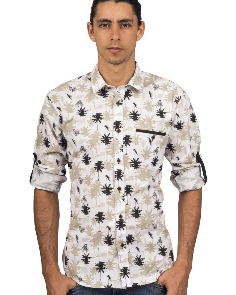 Camisa Manga Larga Print Palmas Negras y Verde – Moldería slim