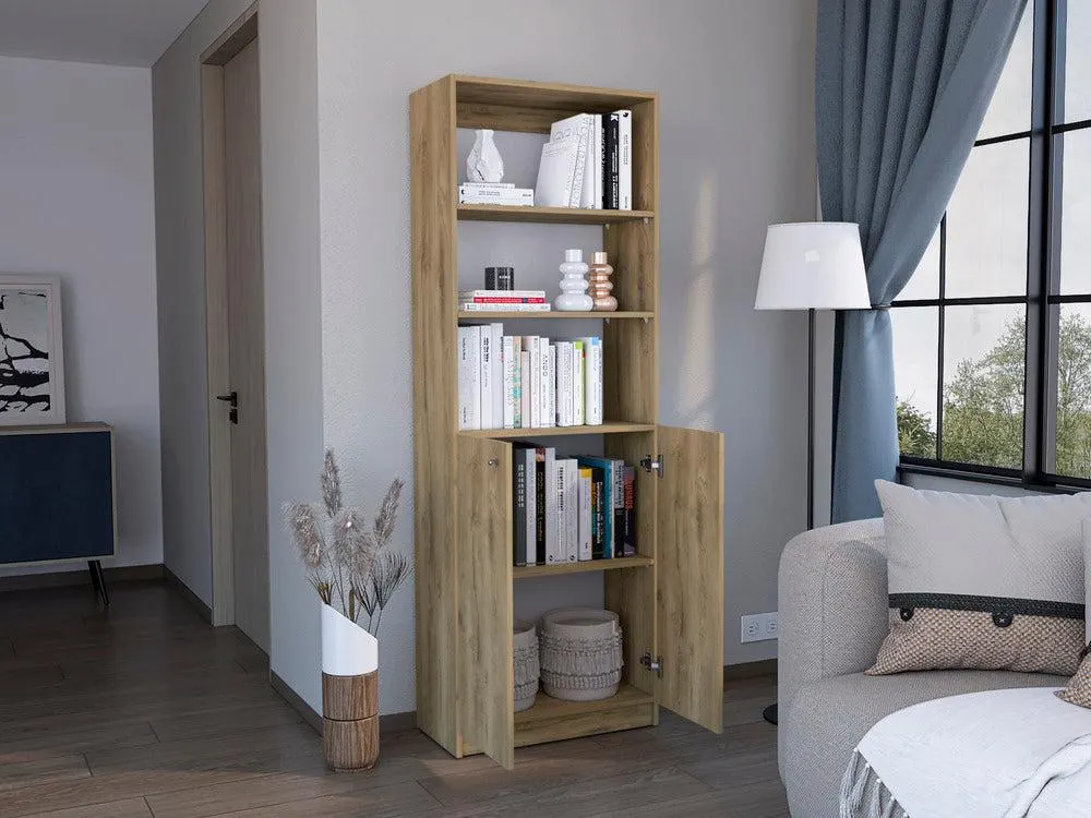 Biblioteca Home, Macadamia y Blanco Cartón, con Cinco Entrepaños y Dos Puertas Abatibles