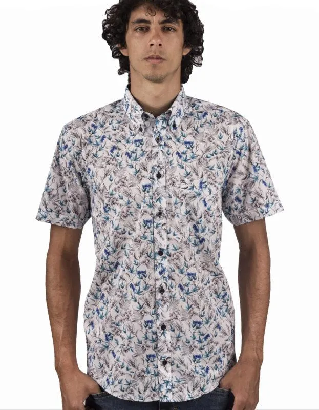 Camisa Manga Corta Blanca Estampado Hojas Azul y Gris – Moldería informal