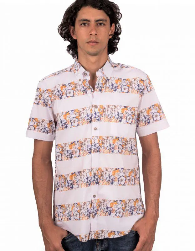 Camisa Manga Corta Franjas Blancas y Flores Amarillas Y Azules – Moldería informal