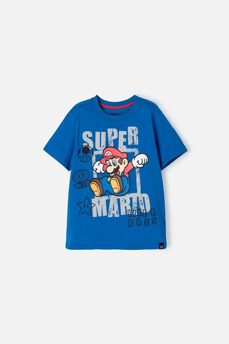 Camiseta de Mario Bros azul estampada en frente para niño