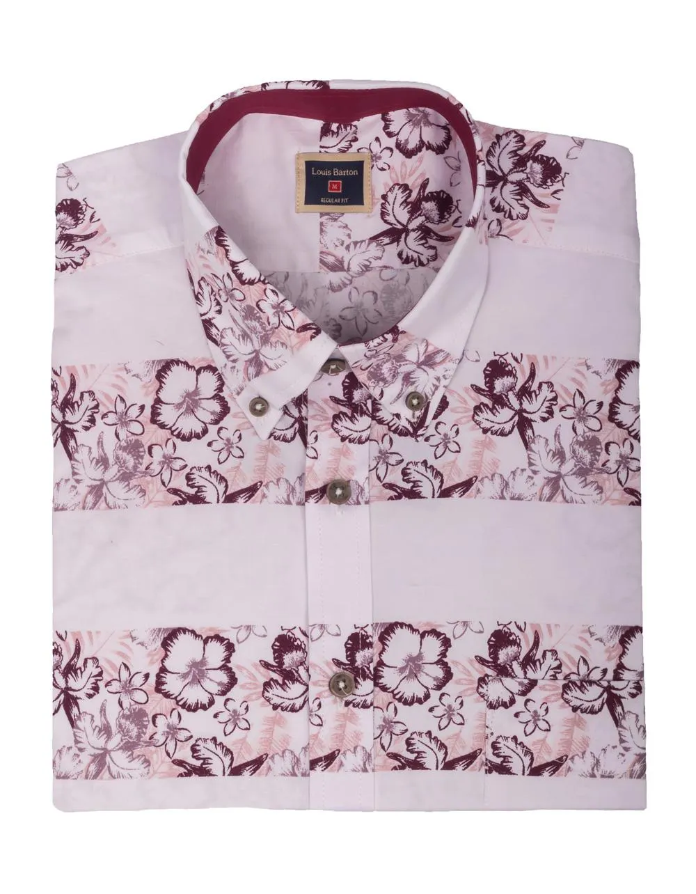 Camisa Manga Corta Franjas Blancas y Franjas Con Flores Vinotinto – Moldería informal