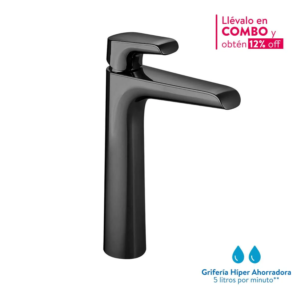 Grifería Ultra Ahorradora para Lavamanos Monocontrol Cascade Alta Mate Black Antimicrobiano