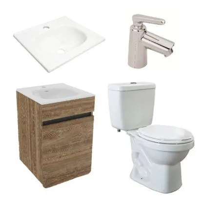 Combo de Baño: Sanitario dos piezas + Mueble de Baño Aluvia Miel con Lavamanos + Grifería