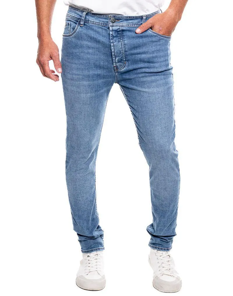 Skinny Fit Jeans Tono Medio Con Botonadura Interna