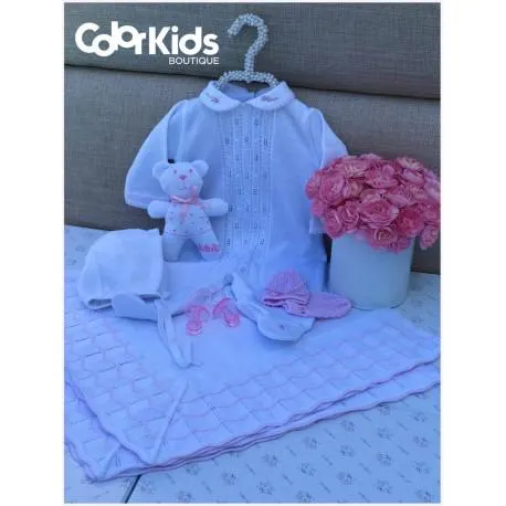 AJUAR EN CAJA ROSETONES PRIMERAS PUESTAS PUESTAS NIÑA BLANCO -ROSADO