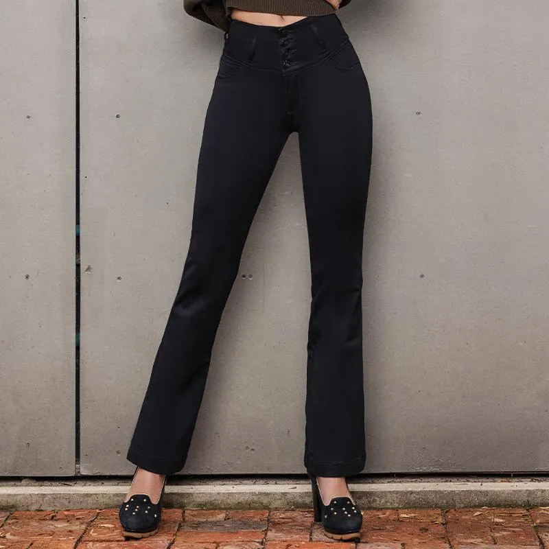 Jean tiro alto, bota recta, extra realce, efecto reductor de cintura, con bolsillos