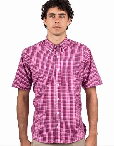 Camisa a Cuadros Manga Corta Fucsia, Rayas Blanco y Azul – Moldería informal