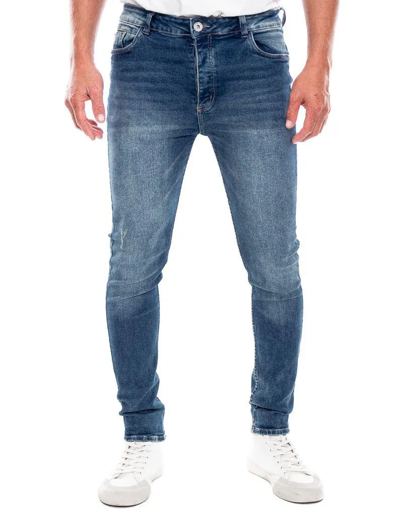 Skinny Fit Jeans Tono Medio Con Botonadura Interna