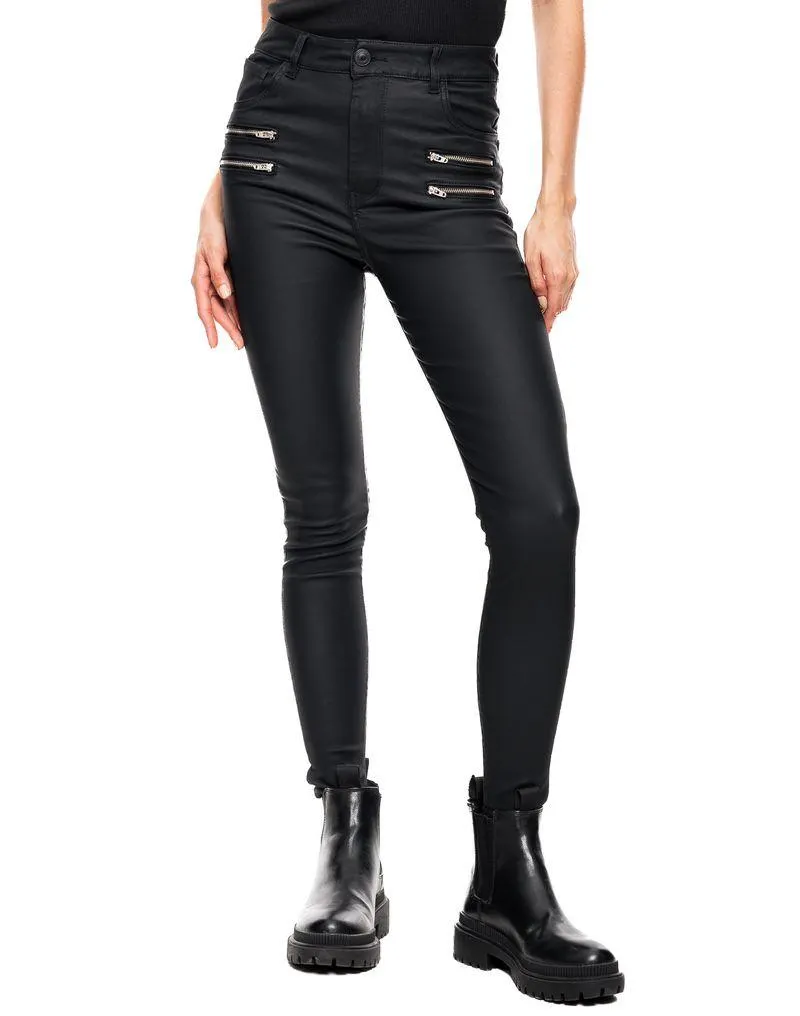 Pantalón Efecto Cuero Con Cierres Decorativos