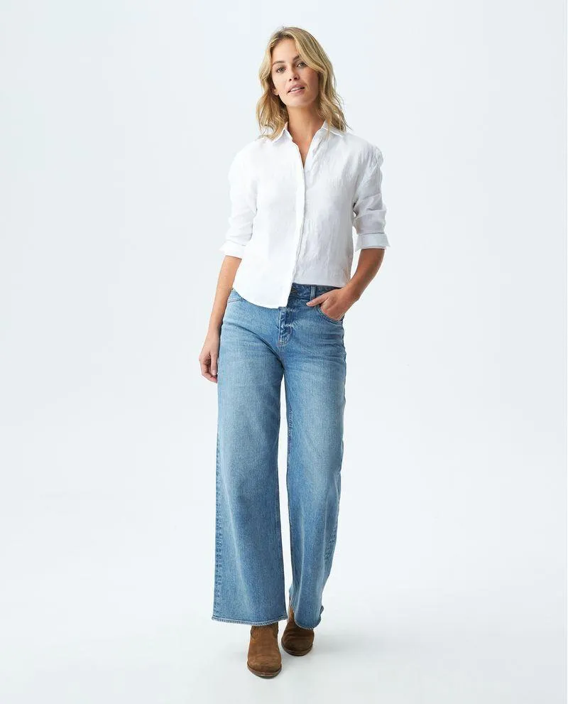 Camisa de Mujer, Silueta Recta Manga Larga Cuello Camisero - Lino