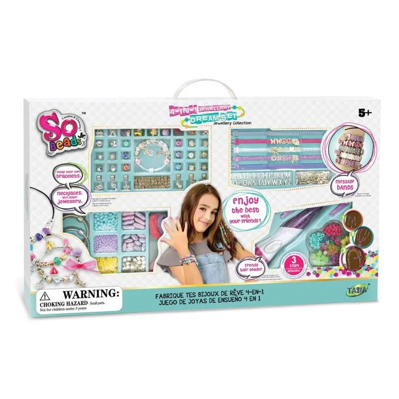 Kit Juego de Joyas de Ensueño 4 en 1, incluye (accesorios para pulseras, collares, brazaletes y cintas para el cabello), a partir de 5 años