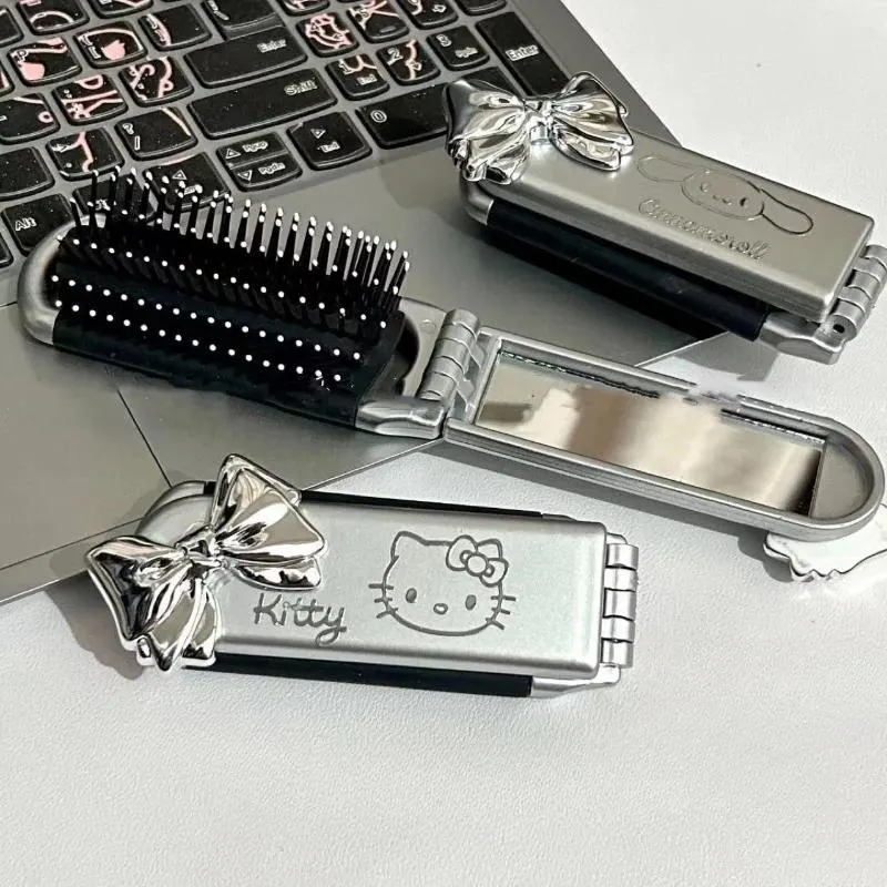 Sanrio Kawaii Small Comb With Makeup Mirror Melody Cinnamoroll Hellokitty Cartoon Anime Girl Portable Bangs Comb Birthday Gift