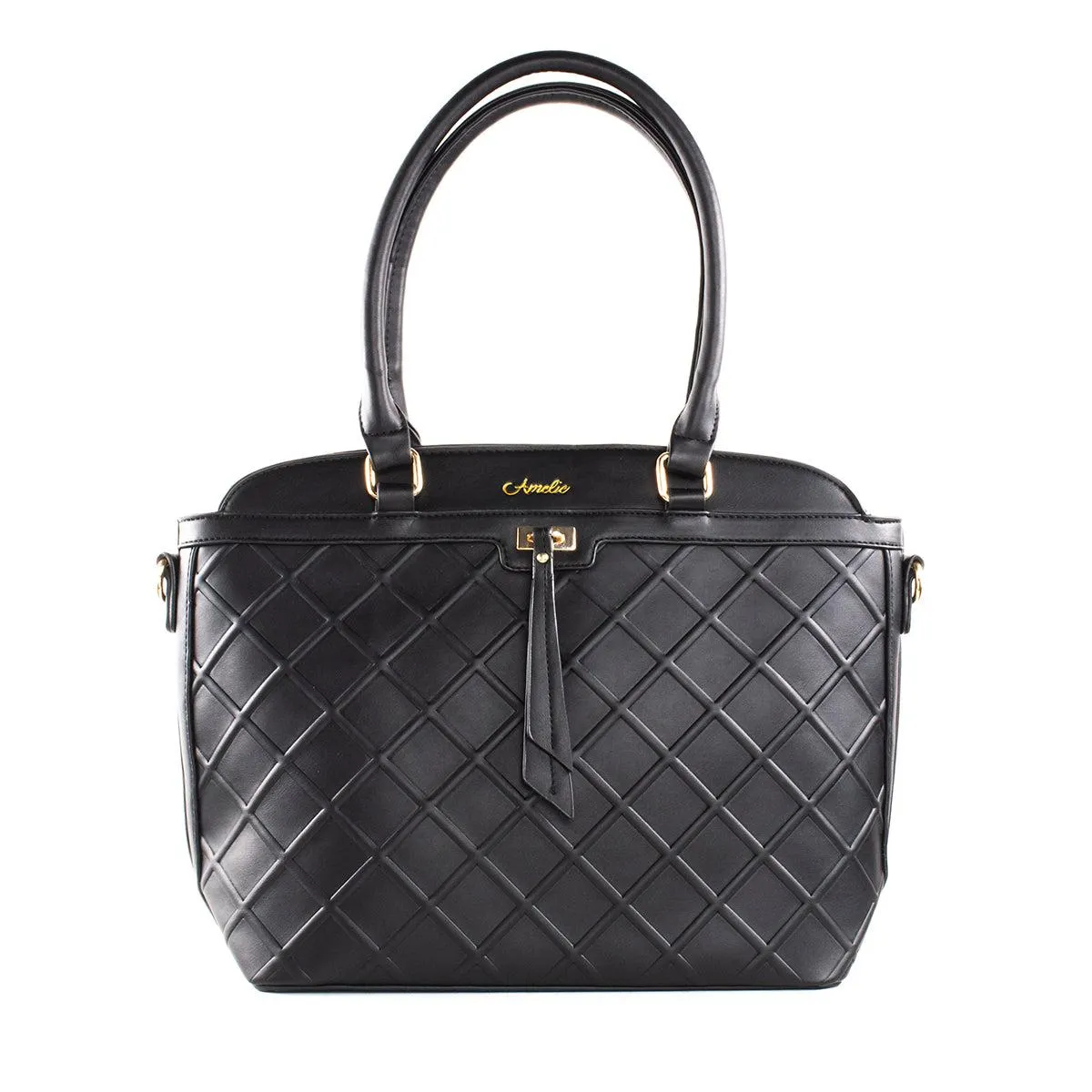 BOLSO TIPO BOWLING COLOR NEGRO TEXTURA ROMBOS, PARA DAMA