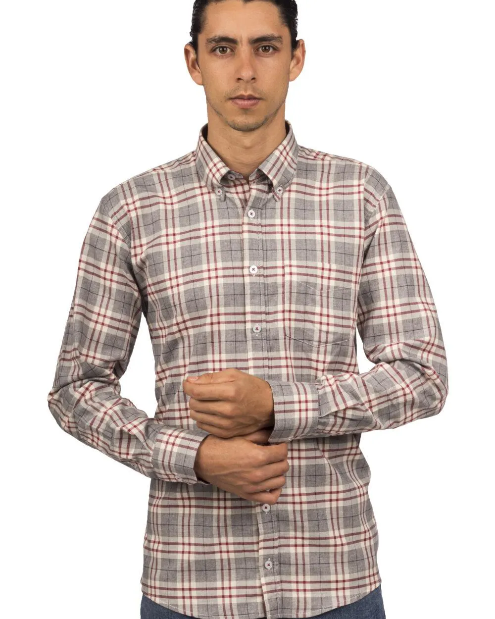 Camisa Manga Larga Gris, Beige y Rayas Vinotinto – Moldería informal