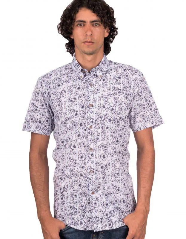 Camisa Manga Corta Rayas Delgadas Azul Claro y Flores – Moldería informal