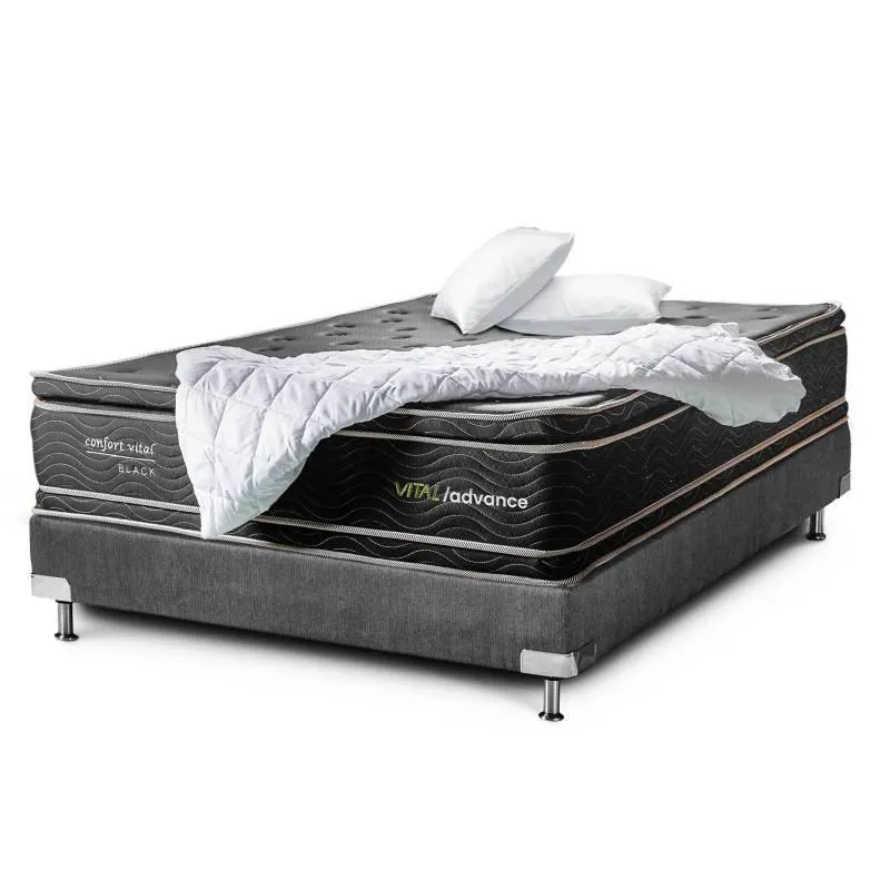 Colchón con Base Cama cama Doble Firmeza Media Ortopédico Doble Pillow Resortado Vital Advance Black 140 x 190 cm + 2 Almohadas + Protector Confort Vital