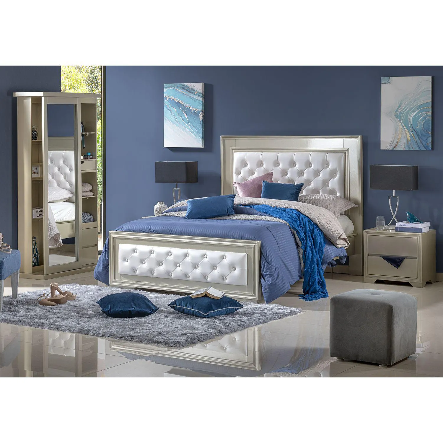 Alcoba Romantic Doble Eurocuero Blanco Perla, Champaña