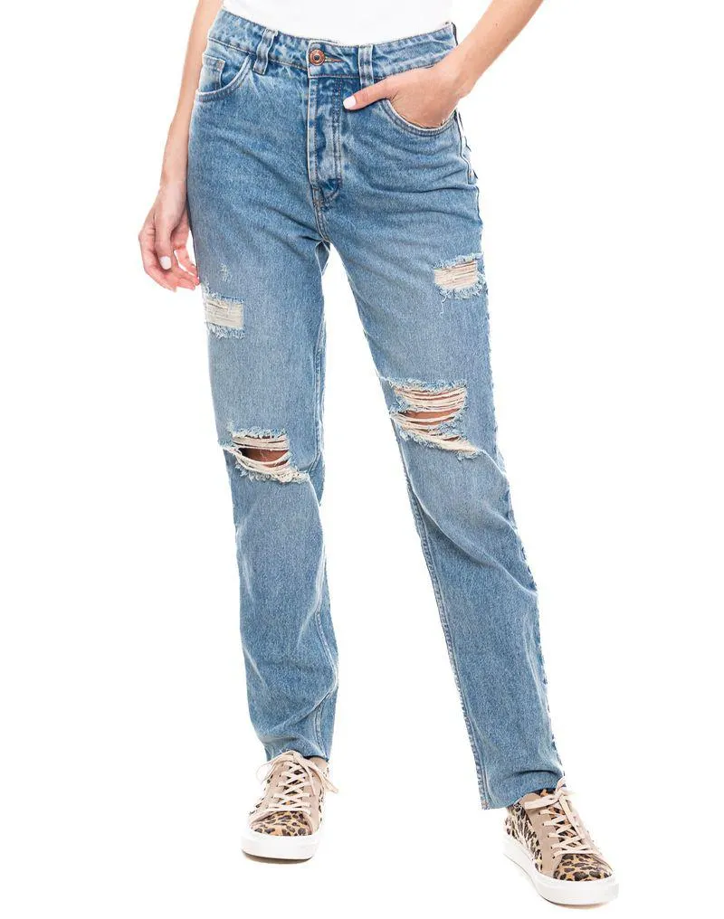 High Waist Mom Fit Jeans Tono Medio Con Rotos Y Botonadura Interna