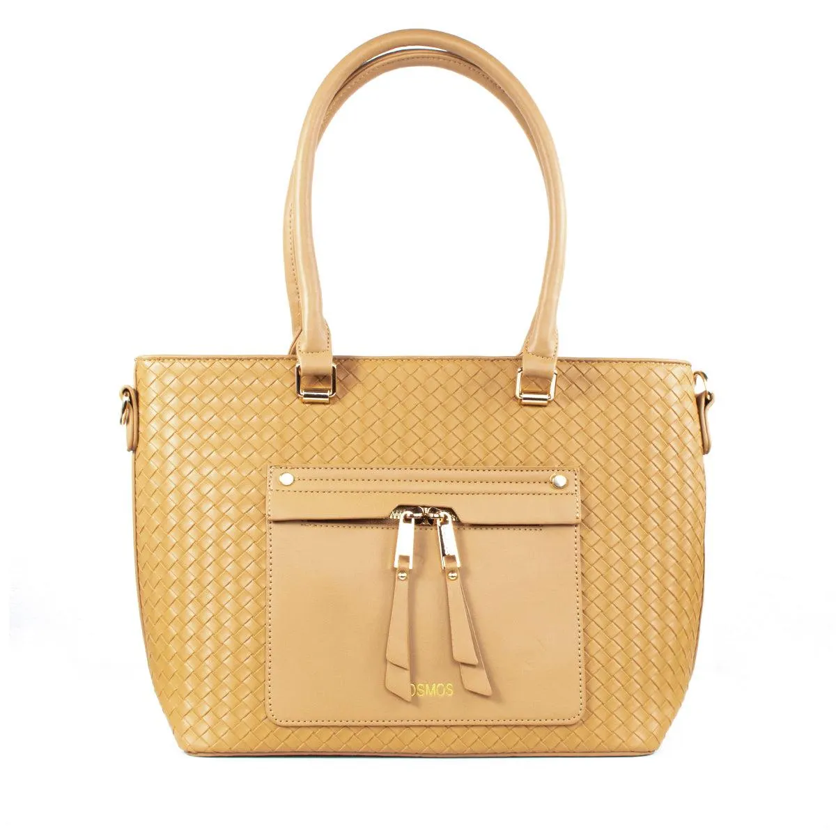 Bolso tipo shopping color café con bolsillo frontal, para dama