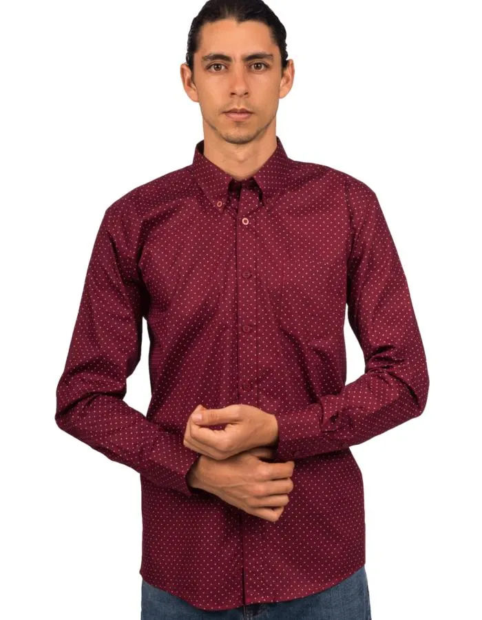 Camisa Manga Larga Vinotinto Miniprint Blanco – Moldería informal