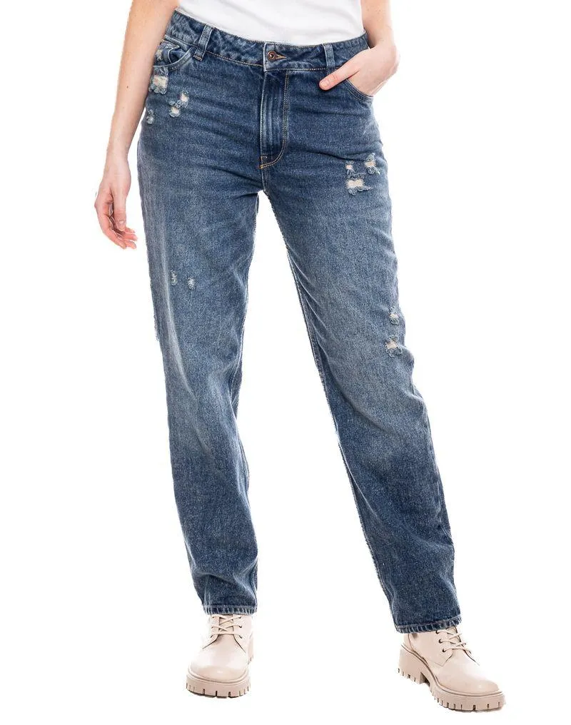 Medium Waist Straight Fit Jeans Tono Medio Con Rotos Eco Recycle