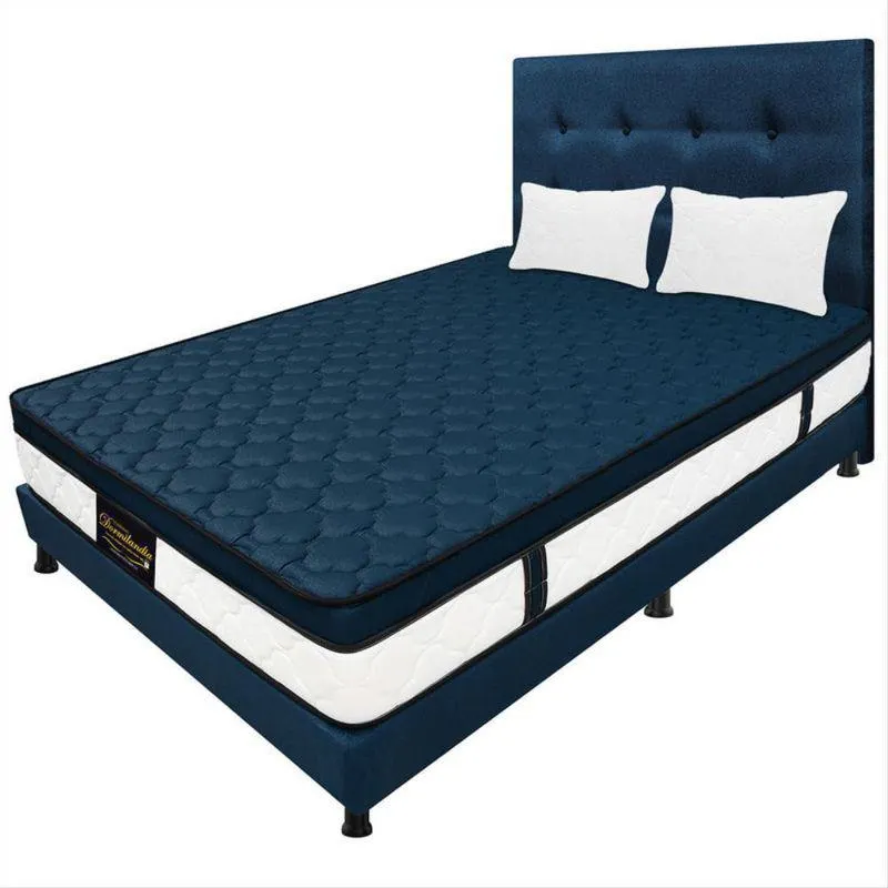 Mega Combo Colchón Azul Doble 140X190 Cm Resortado Dublín + Base Cama Entera + Cabecero + Almohadas