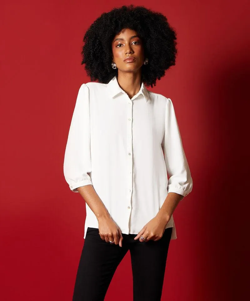 Camisa Manga Tres Cuartos Unicolor Con Plisado En Espalda