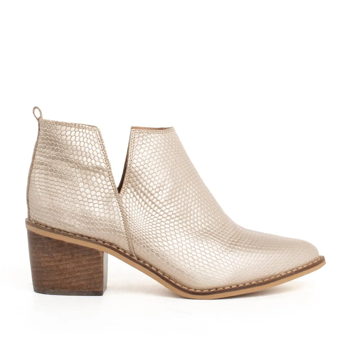 Botín de cuero texturizado color dorado, para dama