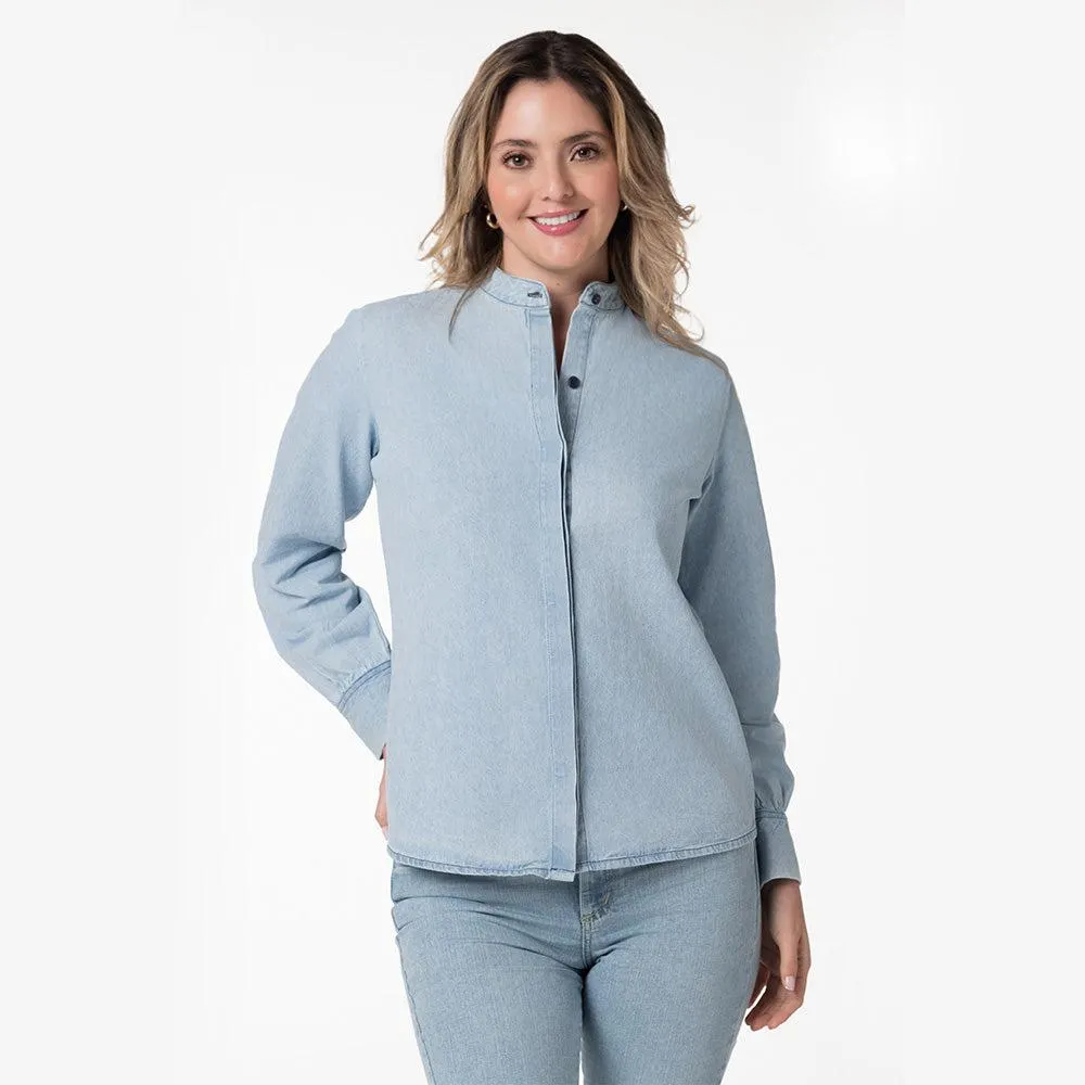 Blusa denim cuello neru para mujer Lec Lee - Índigo Claro