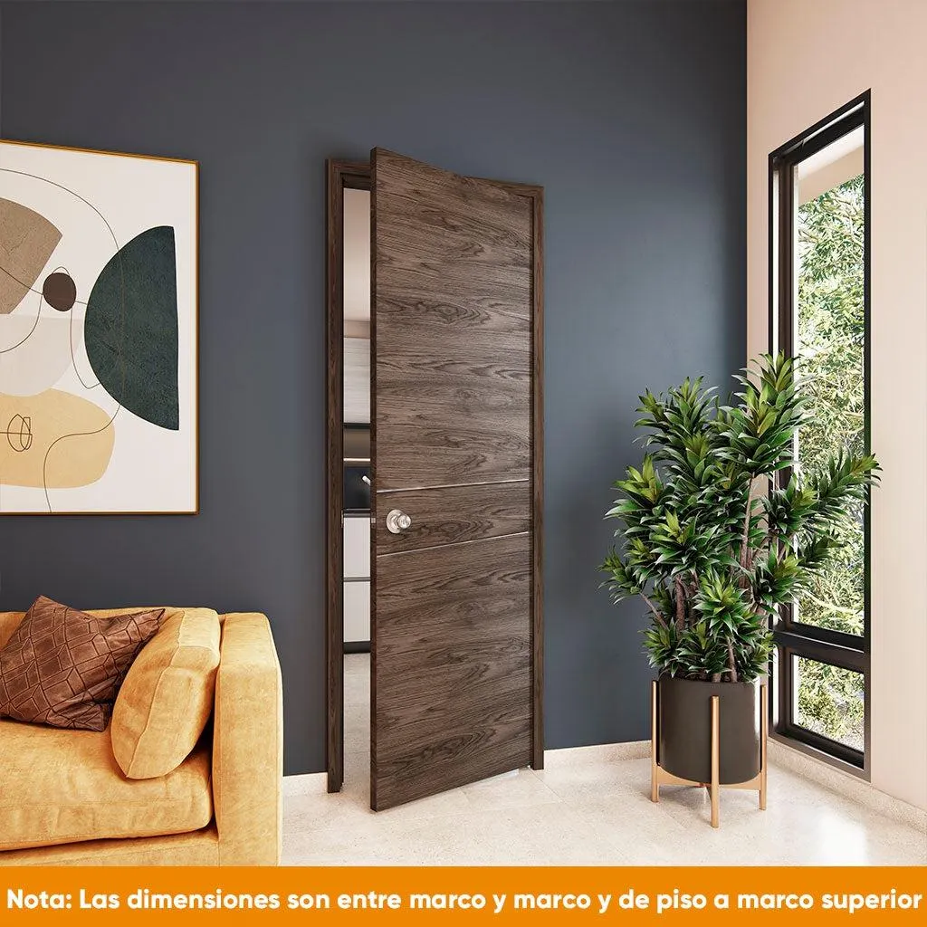 Puerta de madera melaminica ranurada veta horizontal color coñac