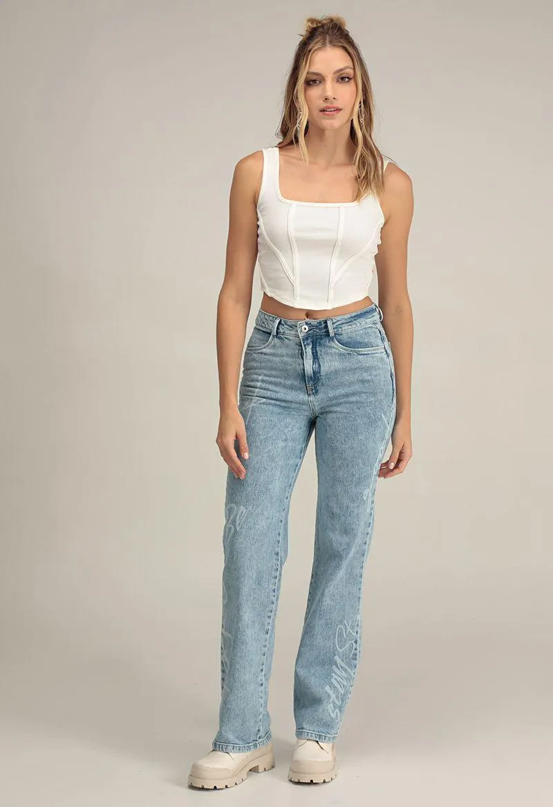 Jean vaquero tiro alto bota recta