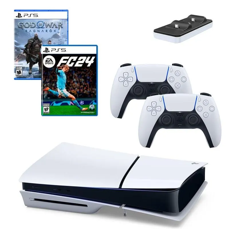 Consola PS5 Slim 1 TB Disco + FC 24+ God Of War Ragnarock+ 2 Controles + Cargador Dobe