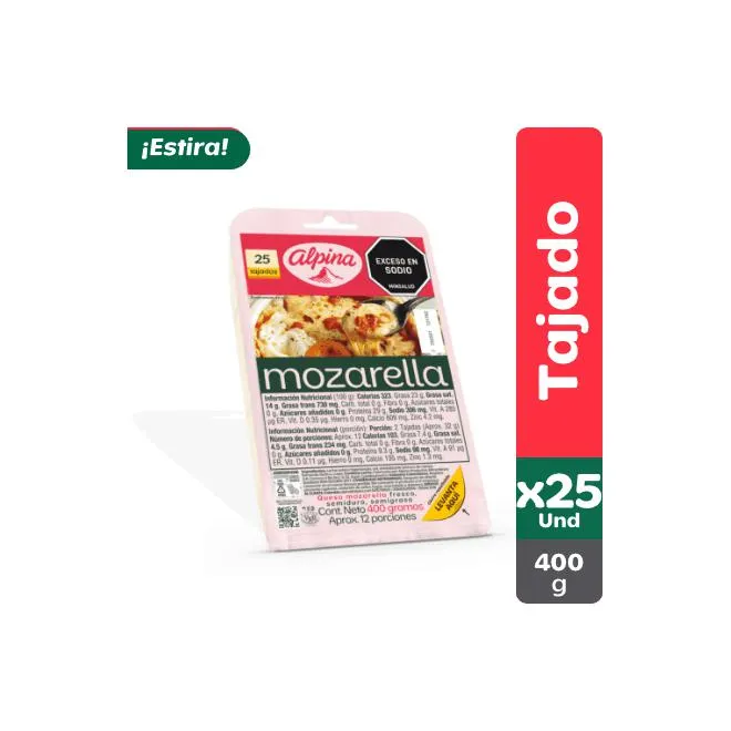 Queso Mozarella Alpina 25 Tajadas 400 g