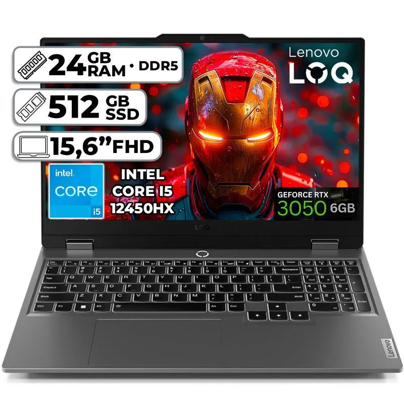 Portátil Lenovo Gamer LOQ Intel Core i5-12450HX RTX 3050 24GB RAM 512GB SSD 15.6” FHD