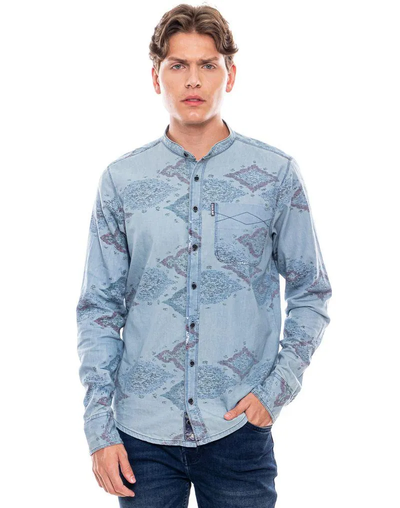 Camisa Manga Larga Cuello Neru Estampada Con Bolsillo En Frente
