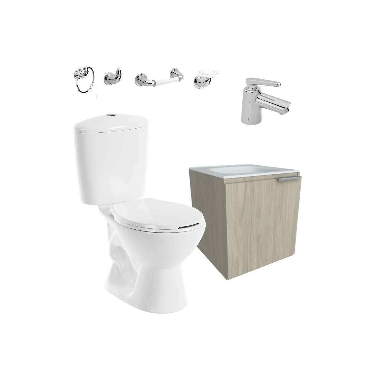 Combo Manantial Pro redondo con mueble Elemental de 40 CM y lavamanos y Grifería Nogal con accesorios Valencia X4