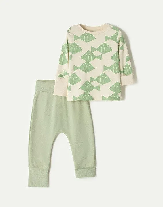 conjunto camiseta + pantalón odel verde estampado 3-6m