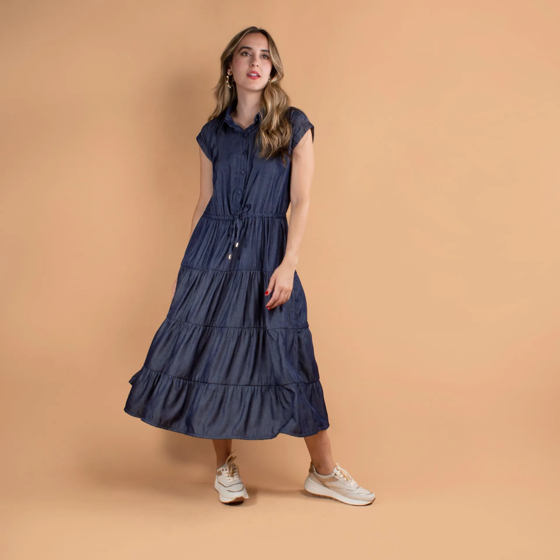 Vestido largo color azul oscuro con boleros