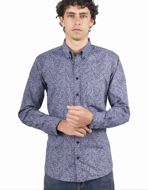 Camisa Manga Larga Azul Print Flores – Moldería informal
