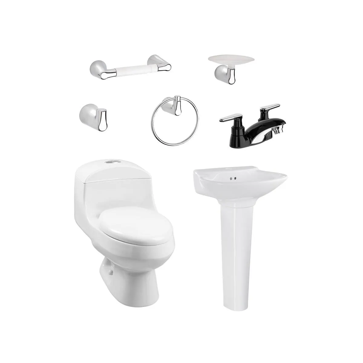 Combo Montecarlo II Blanco: Sanitario con taza redonda, lavamanos con pedestal, grifería negra y accesorios x4.