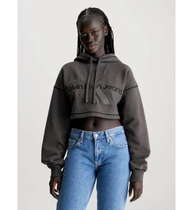 Saco Negro Cropped Con Gorro Y Monograma